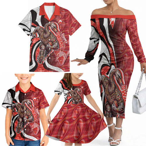 Personalised Sydney Swans Family Matching Off The Shoulder Long Sleeve Dress and Hawaiian Shirt Trippy Psychedelic Abstract Art Mascot Football Fans