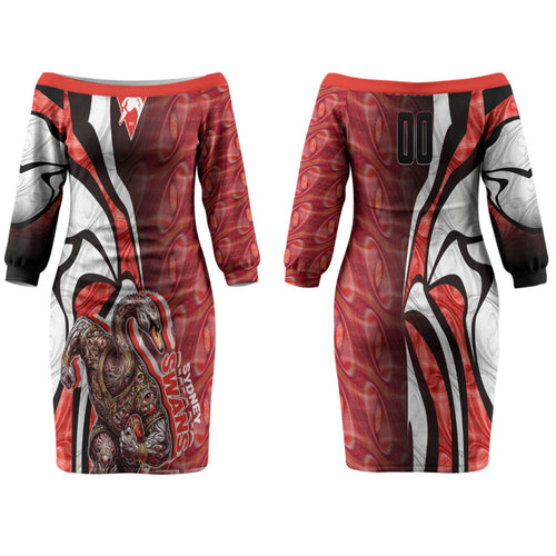 Personalised Sydney Swans Family Matching Off The Shoulder Long Sleeve Dress and Hawaiian Shirt Trippy Psychedelic Abstract Art Mascot Football Fans