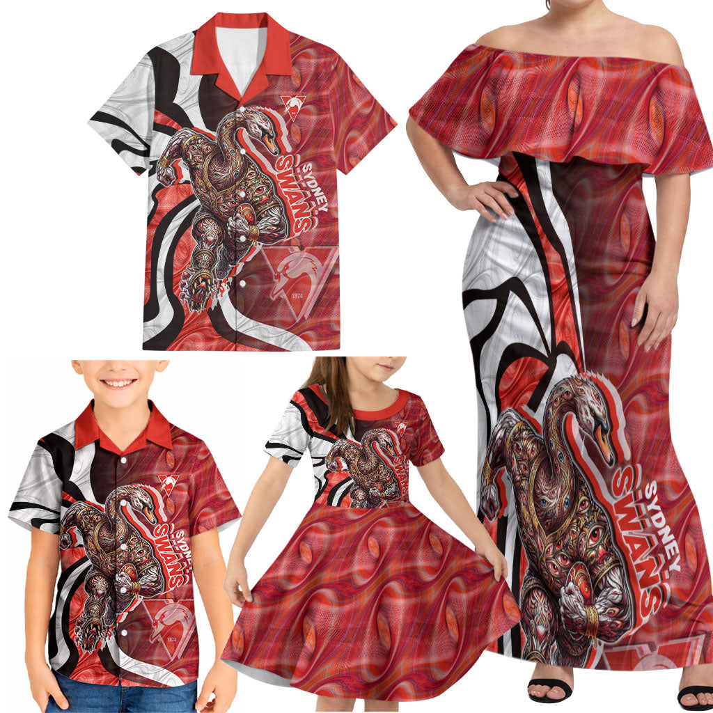 Personalised Sydney Swans Family Matching Off Shoulder Maxi Dress and Hawaiian Shirt Trippy Psychedelic Abstract Art Mascot Football Fans