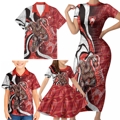 Personalised Sydney Swans Family Matching Short Sleeve Bodycon Dress and Hawaiian Shirt Trippy Psychedelic Abstract Art Mascot Football Fans