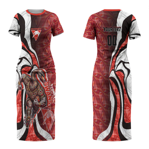 Personalised Sydney Swans Family Matching Short Sleeve Bodycon Dress and Hawaiian Shirt Trippy Psychedelic Abstract Art Mascot Football Fans