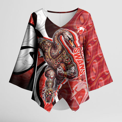 Personalised Sydney Swans Kimono Sleeve Blouse Trippy Psychedelic Abstract Art Mascot Football Fans