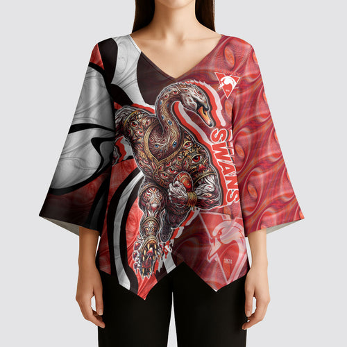 Personalised Sydney Swans Kimono Sleeve Blouse Trippy Psychedelic Abstract Art Mascot Football Fans