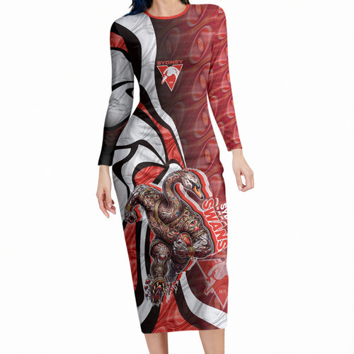 Personalised Sydney Swans Long Sleeve Bodycon Dress Trippy Psychedelic Abstract Art Mascot Football Fans