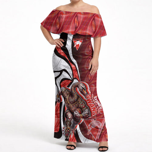 Personalised Sydney Swans Off Shoulder Maxi Dress Trippy Psychedelic Abstract Art Mascot Football Fans