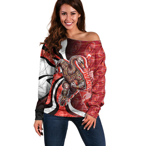 Personalised Sydney Swans Off Shoulder Sweater Trippy Psychedelic Abstract Art Mascot Football Fans