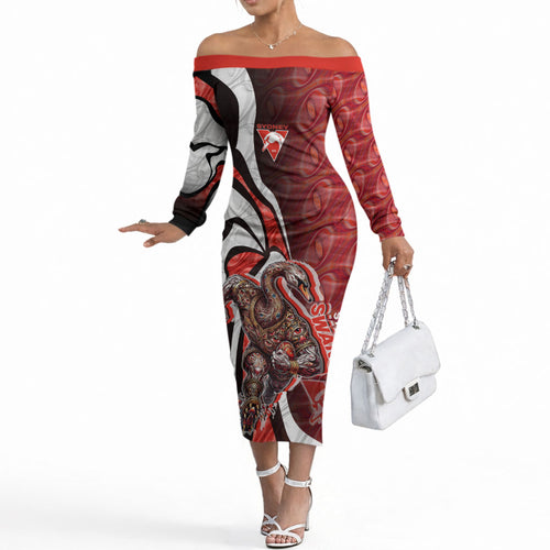 Personalised Sydney Swans Off The Shoulder Long Sleeve Dress Trippy Psychedelic Abstract Art Mascot Football Fans