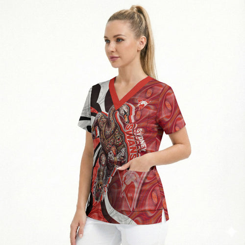 Personalised Sydney Swans Scrub Top Trippy Psychedelic Abstract Art Mascot Football Fans