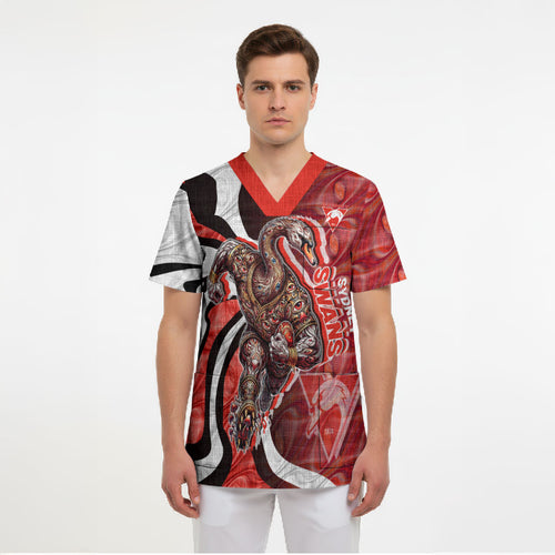 Personalised Sydney Swans Scrub Top Trippy Psychedelic Abstract Art Mascot Football Fans