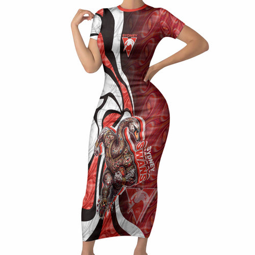 Personalised Sydney Swans Short Sleeve Bodycon Dress Trippy Psychedelic Abstract Art Mascot Football Fans