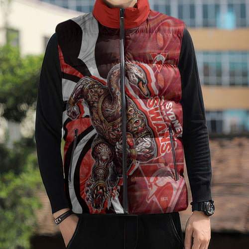 Personalised Sydney Swans Sleeveless Puffer Jacket Trippy Psychedelic Abstract Art Mascot Football Fans