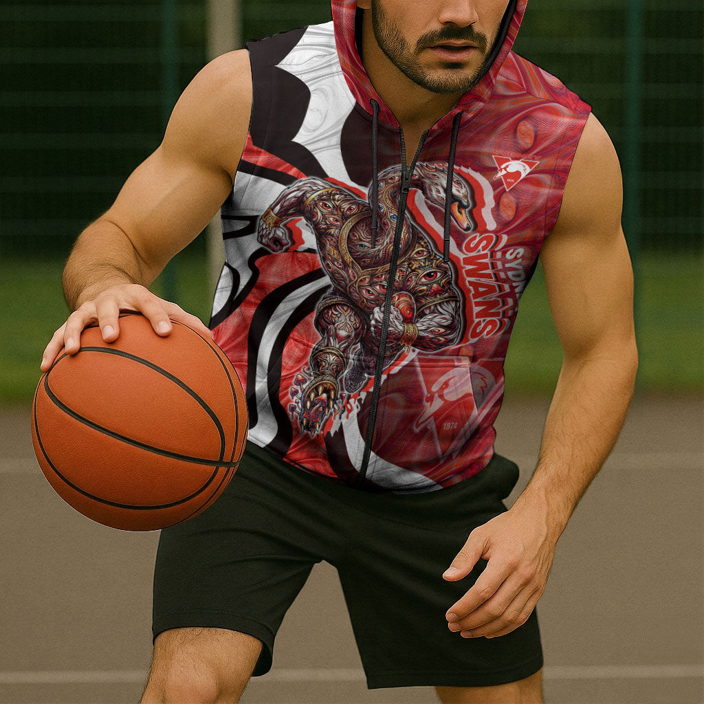 Personalised Sydney Swans Sleeveless Zip Hoodie Trippy Psychedelic Abstract Art Mascot Football Fans