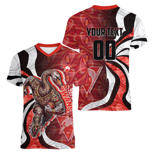 Personalised Sydney Swans Women V-Neck T-Shirt Trippy Psychedelic Abstract Art Mascot Football Fans