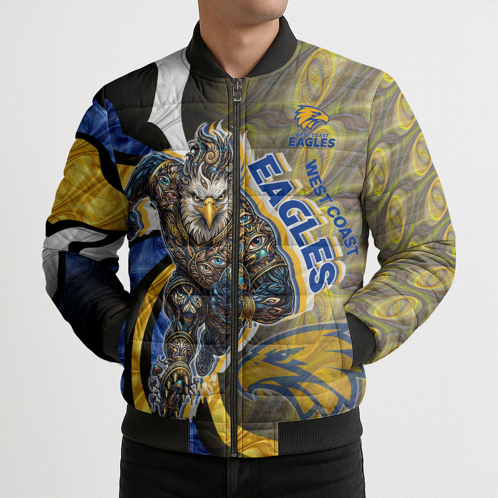 Personalised West Coast Eagles Bomber Puffer Jacket Trippy Psychedelic Abstract Art Mascot Football Fans