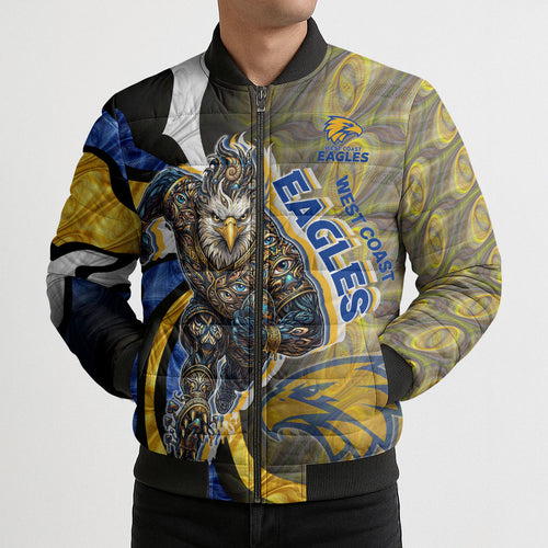 Personalised West Coast Eagles Bomber Puffer Jacket Trippy Psychedelic Abstract Art Mascot Football Fans
