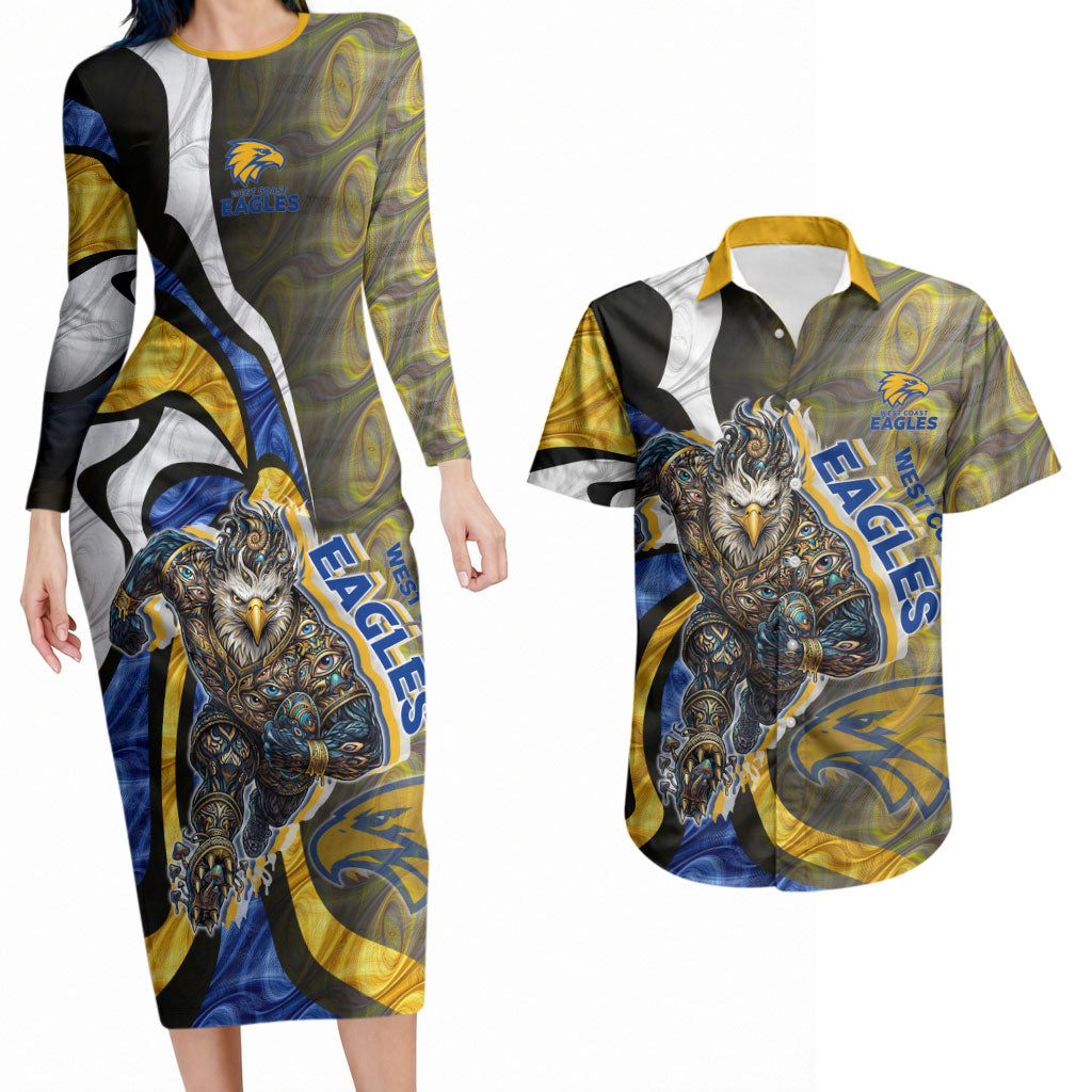 Personalised West Coast Eagles Couples Matching Long Sleeve Bodycon Dress and Hawaiian Shirt Trippy Psychedelic Abstract Art Mascot Football Fans