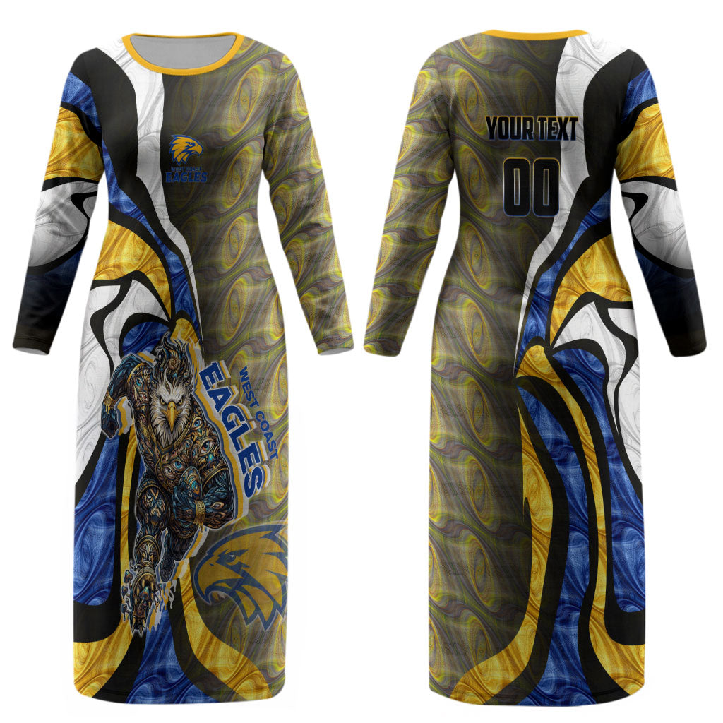 Personalised West Coast Eagles Couples Matching Long Sleeve Bodycon Dress and Hawaiian Shirt Trippy Psychedelic Abstract Art Mascot Football Fans