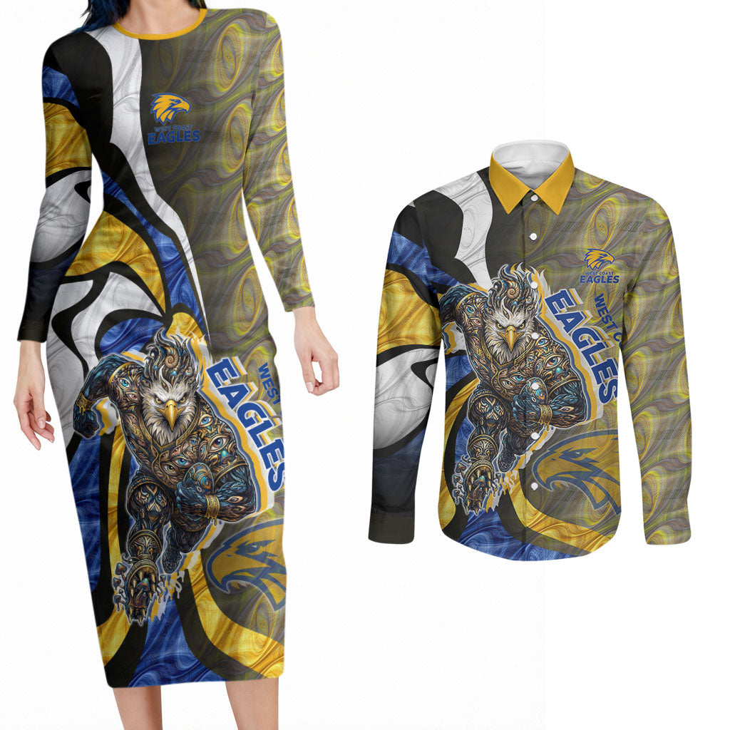 Personalised West Coast Eagles Couples Matching Long Sleeve Bodycon Dress and Long Sleeve Button Shirt Trippy Psychedelic Abstract Art Mascot Football Fans