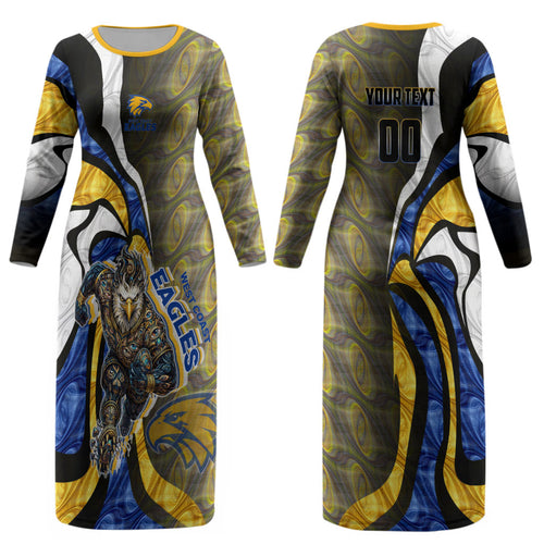 Personalised West Coast Eagles Couples Matching Long Sleeve Bodycon Dress and Long Sleeve Button Shirt Trippy Psychedelic Abstract Art Mascot Football Fans