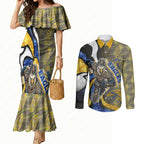 Personalised West Coast Eagles Couples Matching Mermaid Dress and Long Sleeve Button Shirt Trippy Psychedelic Abstract Art Mascot Football Fans
