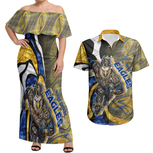 Personalised West Coast Eagles Couples Matching Off Shoulder Maxi Dress and Hawaiian Shirt Trippy Psychedelic Abstract Art Mascot Football Fans