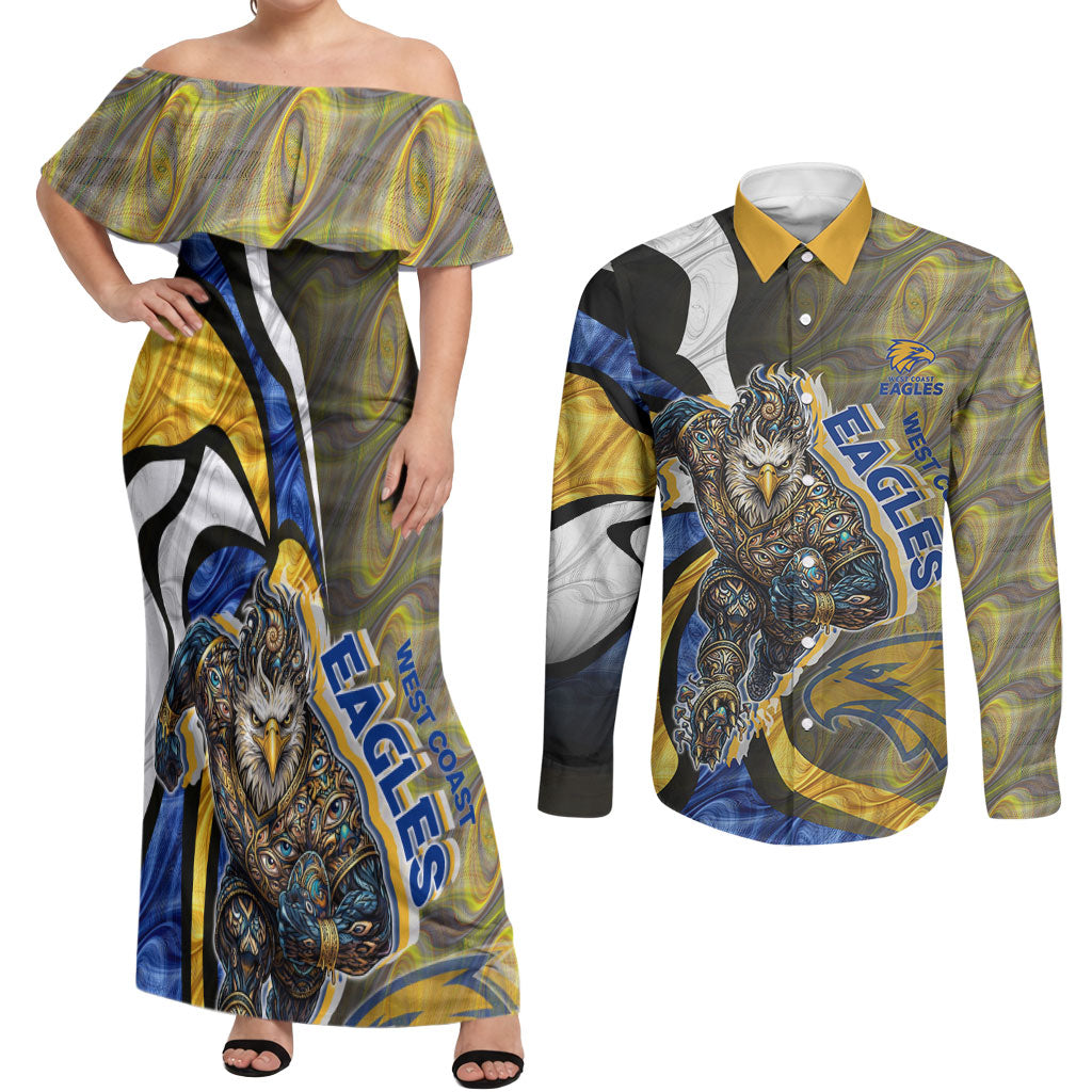 Personalised West Coast Eagles Couples Matching Off Shoulder Maxi Dress and Long Sleeve Button Shirt Trippy Psychedelic Abstract Art Mascot Football Fans