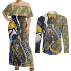 Personalised West Coast Eagles Couples Matching Off Shoulder Maxi Dress and Long Sleeve Button Shirt Trippy Psychedelic Abstract Art Mascot Football Fans