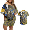 Personalised West Coast Eagles Couples Matching Off Shoulder Short Dress and Hawaiian Shirt Trippy Psychedelic Abstract Art Mascot Football Fans