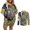 Personalised West Coast Eagles Couples Matching Off Shoulder Short Dress and Long Sleeve Button Shirt Trippy Psychedelic Abstract Art Mascot Football Fans