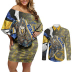 Personalised West Coast Eagles Couples Matching Off Shoulder Short Dress and Long Sleeve Button Shirt Trippy Psychedelic Abstract Art Mascot Football Fans
