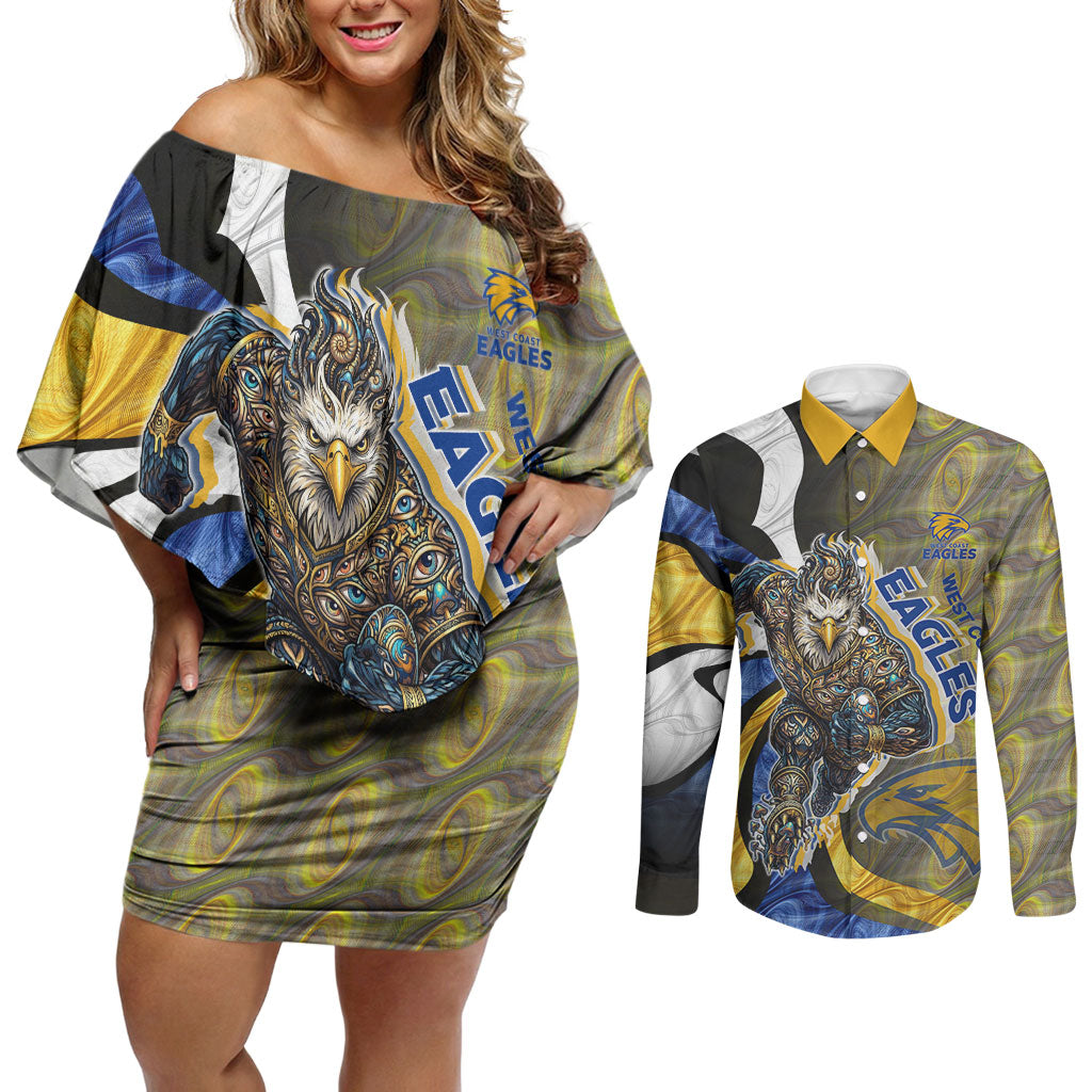 Personalised West Coast Eagles Couples Matching Off Shoulder Short Dress and Long Sleeve Button Shirt Trippy Psychedelic Abstract Art Mascot Football Fans