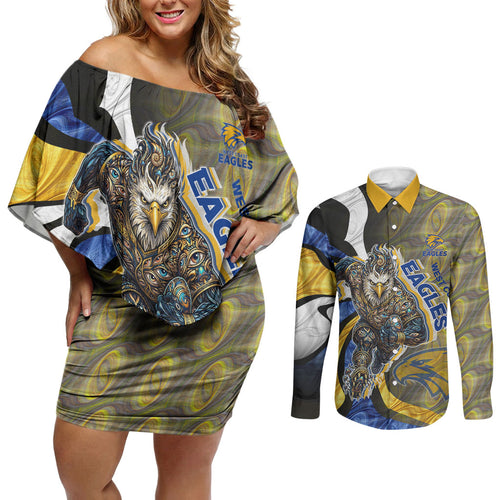 Personalised West Coast Eagles Couples Matching Off Shoulder Short Dress and Long Sleeve Button Shirt Trippy Psychedelic Abstract Art Mascot Football Fans