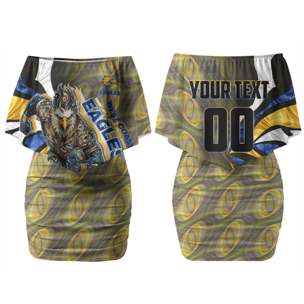 Personalised West Coast Eagles Couples Matching Off Shoulder Short Dress and Long Sleeve Button Shirt Trippy Psychedelic Abstract Art Mascot Football Fans