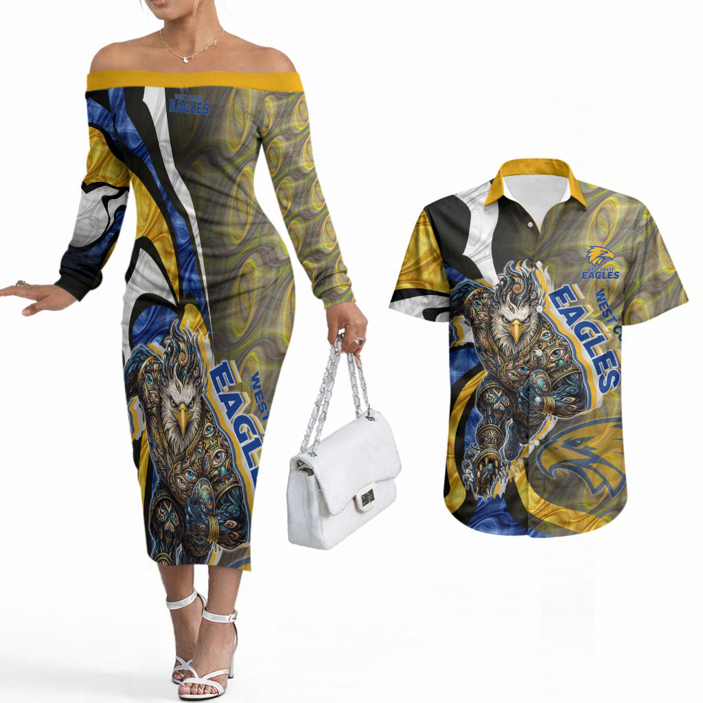 Personalised West Coast Eagles Couples Matching Off The Shoulder Long Sleeve Dress and Hawaiian Shirt Trippy Psychedelic Abstract Art Mascot Football Fans