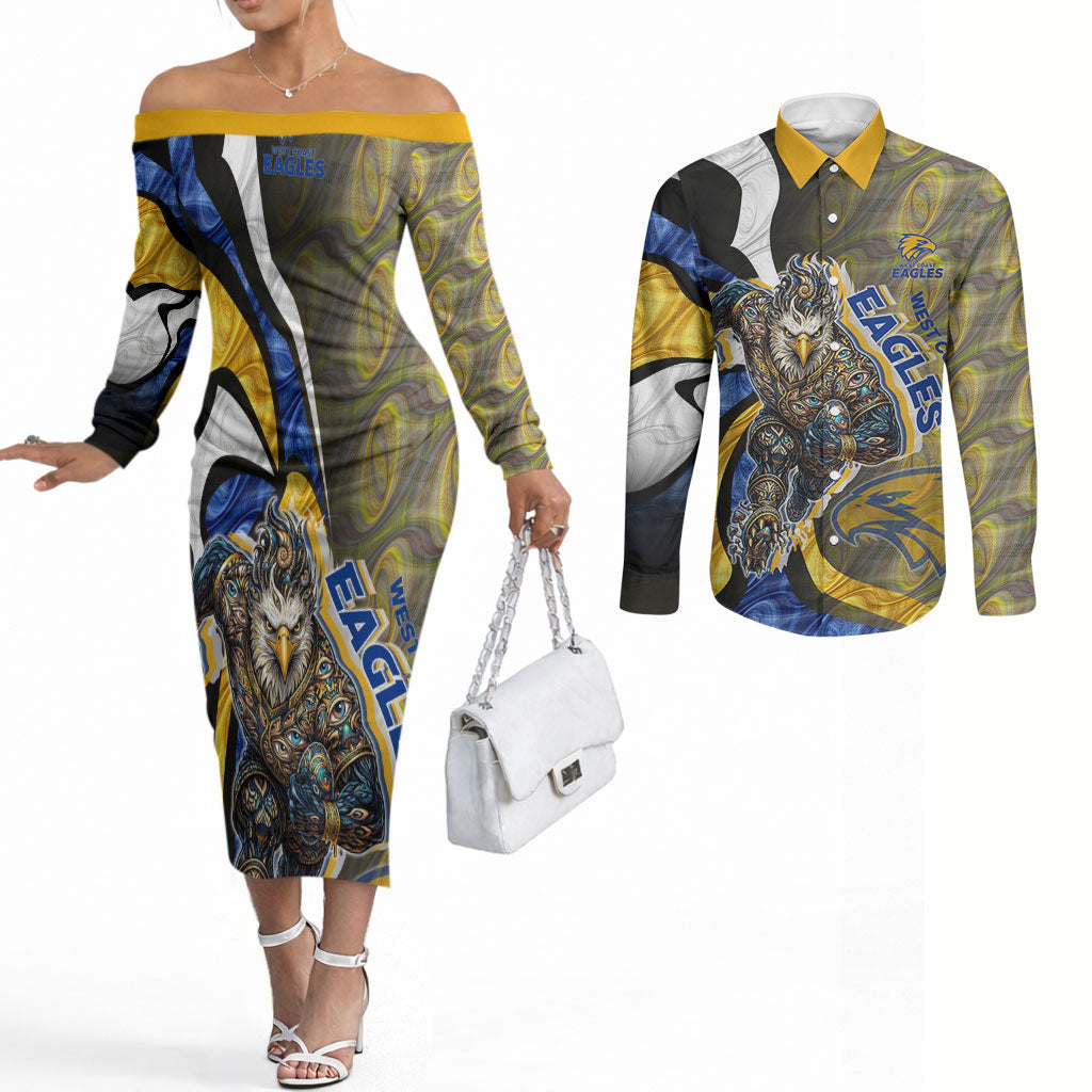 Personalised West Coast Eagles Couples Matching Off The Shoulder Long Sleeve Dress and Long Sleeve Button Shirt Trippy Psychedelic Abstract Art Mascot Football Fans