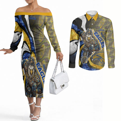 Personalised West Coast Eagles Couples Matching Off The Shoulder Long Sleeve Dress and Long Sleeve Button Shirt Trippy Psychedelic Abstract Art Mascot Football Fans
