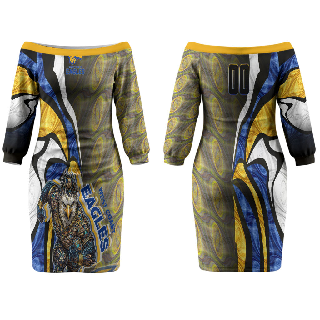 Personalised West Coast Eagles Couples Matching Off The Shoulder Long Sleeve Dress and Long Sleeve Button Shirt Trippy Psychedelic Abstract Art Mascot Football Fans