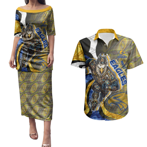 Personalised West Coast Eagles Couples Matching Puletasi and Hawaiian Shirt Trippy Psychedelic Abstract Art Mascot Football Fans