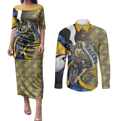 Personalised West Coast Eagles Couples Matching Puletasi and Long Sleeve Button Shirt Trippy Psychedelic Abstract Art Mascot Football Fans