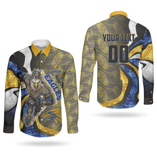 Personalised West Coast Eagles Couples Matching Puletasi and Long Sleeve Button Shirt Trippy Psychedelic Abstract Art Mascot Football Fans
