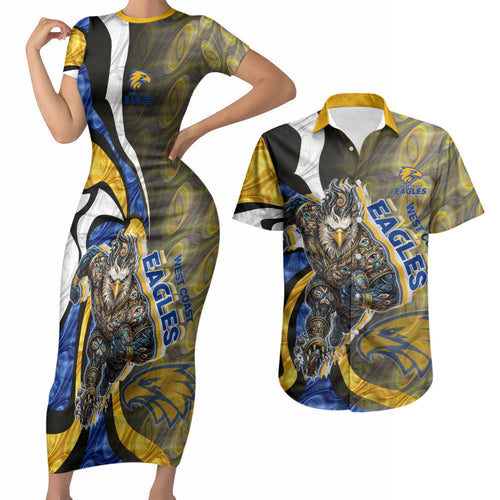 Personalised West Coast Eagles Couples Matching Short Sleeve Bodycon Dress and Hawaiian Shirt Trippy Psychedelic Abstract Art Mascot Football Fans