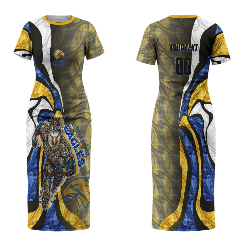 Personalised West Coast Eagles Couples Matching Short Sleeve Bodycon Dress and Hawaiian Shirt Trippy Psychedelic Abstract Art Mascot Football Fans