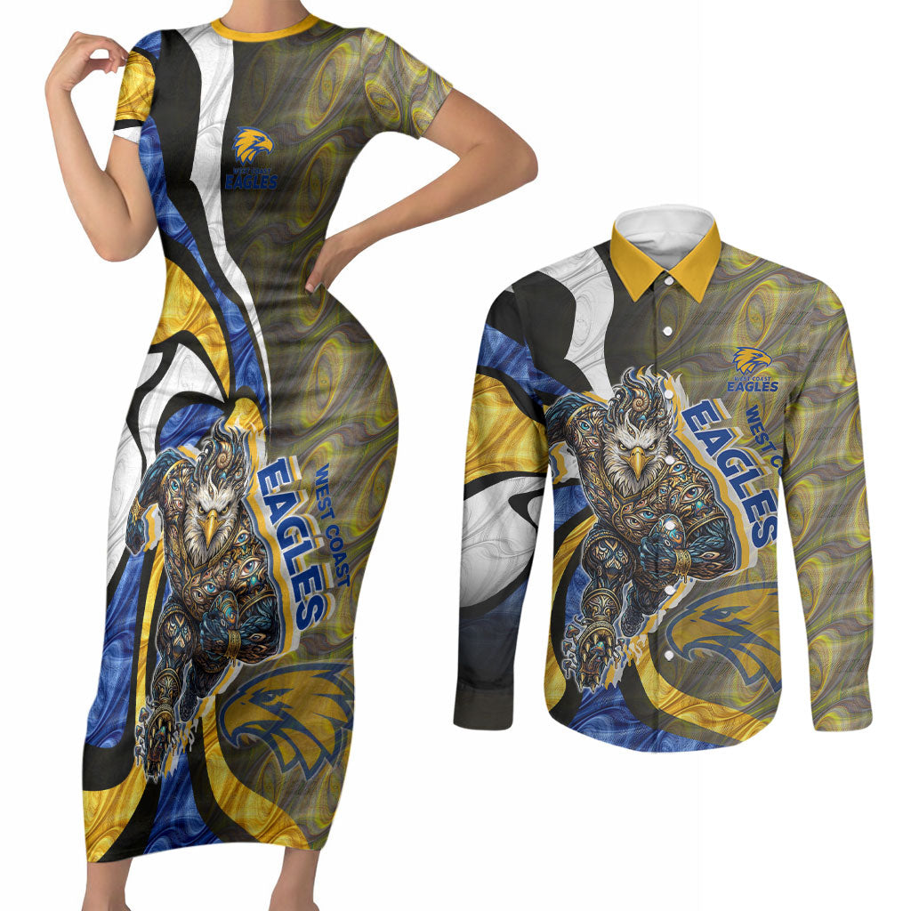 Personalised West Coast Eagles Couples Matching Short Sleeve Bodycon Dress and Long Sleeve Button Shirt Trippy Psychedelic Abstract Art Mascot Football Fans