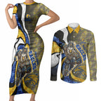 Personalised West Coast Eagles Couples Matching Short Sleeve Bodycon Dress and Long Sleeve Button Shirt Trippy Psychedelic Abstract Art Mascot Football Fans