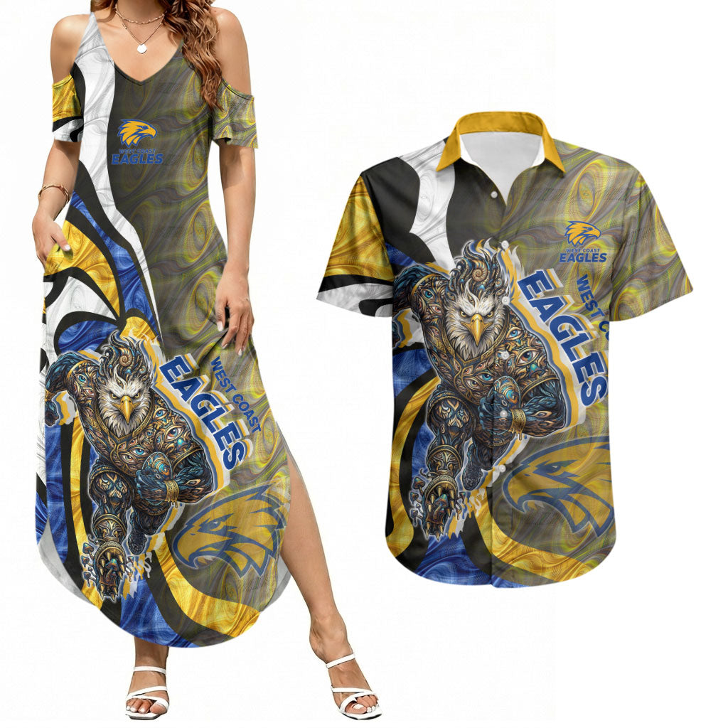 Personalised West Coast Eagles Couples Matching Summer Maxi Dress and Hawaiian Shirt Trippy Psychedelic Abstract Art Mascot Football Fans