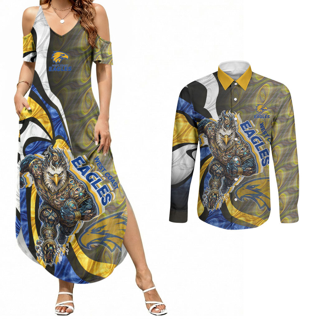 Personalised West Coast Eagles Couples Matching Summer Maxi Dress and Long Sleeve Button Shirt Trippy Psychedelic Abstract Art Mascot Football Fans