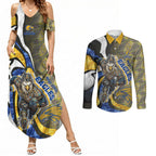 Personalised West Coast Eagles Couples Matching Summer Maxi Dress and Long Sleeve Button Shirt Trippy Psychedelic Abstract Art Mascot Football Fans