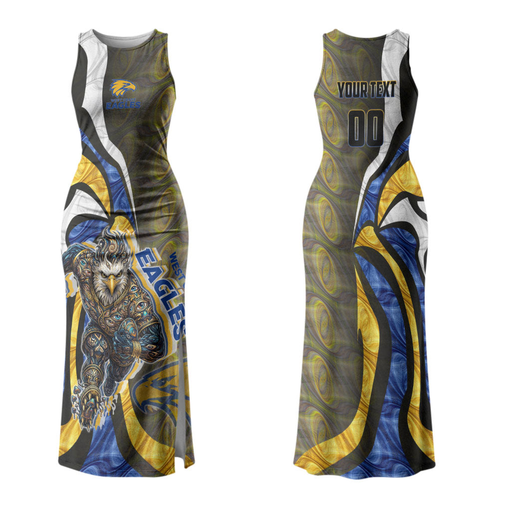 Personalised West Coast Eagles Couples Matching Tank Maxi Dress and Hawaiian Shirt Trippy Psychedelic Abstract Art Mascot Football Fans