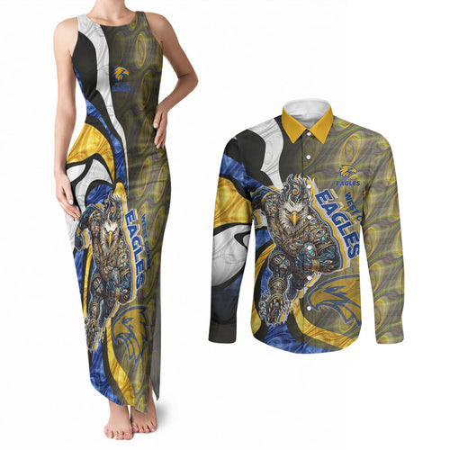 Personalised West Coast Eagles Couples Matching Tank Maxi Dress and Long Sleeve Button Shirt Trippy Psychedelic Abstract Art Mascot Football Fans