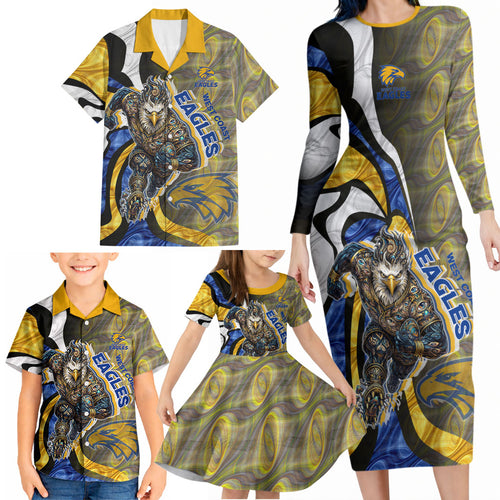 Personalised West Coast Eagles Family Matching Long Sleeve Bodycon Dress and Hawaiian Shirt Trippy Psychedelic Abstract Art Mascot Football Fans